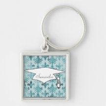 elegant damask design with aqua blue key chain