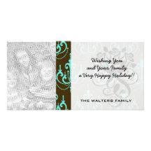 elegant damask design with aqua blue photo card