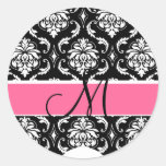 Elegant Damask Monogram M Wedding Sticker Pink
