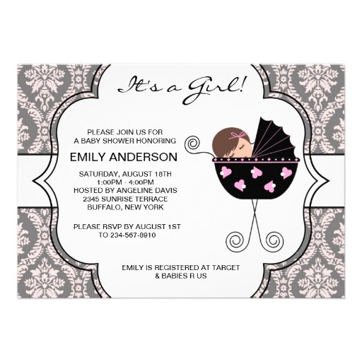 Elegant Damask Pink Black Baby Girl Shower Personalized Invitation