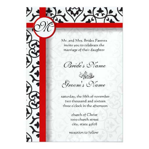 Elegant Damask Side Borders Red Trim Wedding Personalized Announcements