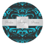 Elegant Dark Teal Damask Monogram Wedding Sticker