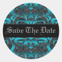 Elegant Dark Teal Damask Save The Date Sticker