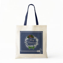 Elegant Denim Christmas Wreath Tote Bag