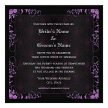 Elegant Floral Black and Purple Damask Wedding Invites