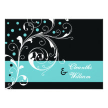 Elegant floral scroll leaf black, aqua wedding personalized announcement