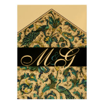 ELEGANT FLORENTINE BLUE GOLD FLORAL MONOGRAM INVITE