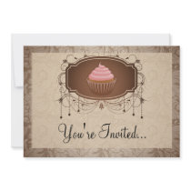 Elegant Glamour Mocha Damask Cupcake Invitations