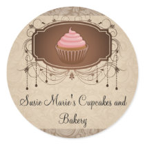 Elegant Glamour Mocha Damask Cupcake Sticker Label