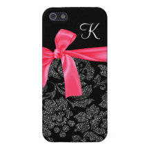 Elegant Glitter Black Damask Girly Hot Pink Bow Cover For iPhone 5
