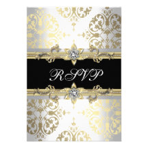 Elegant Gold White Black Damask RSVP Custom Invitations