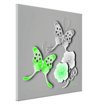 Elegant Green & Silver Butterflies And Roses Canvas Prints