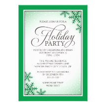 Elegant green snowflakes and snow holiday party invitations
