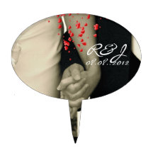 elegant hearts B&W vintage couple holding hands Cake Topper