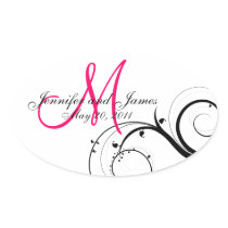Elegant Hot Pink Swirl Monogram Wedding Stickers