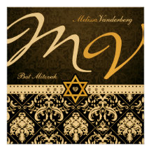 Elegant Metallic Gold Damask Bat Mitzvah Custom Invitations