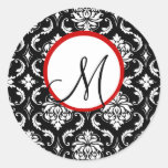 Elegant Monogram Black Red Damask Wedding Sticker