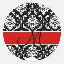 Elegant Monogram Damask Wedding Sticker Red