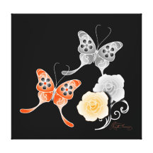 Elegant Orange And Black Butterflies And Roses Stretched Canvas Print