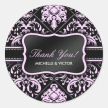 Elegant Pastel  Pink and Black Damask Thank You Sticker