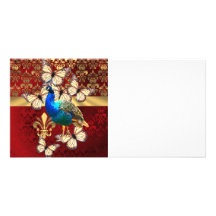 Elegant peacock, butterflies & red damask customized photo card
