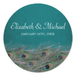 Elegant Peacock Feathers Round Wedding Favour Labe