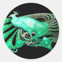 ELEGANT PEACOCK IN GREEN,BLACK ROUND STICKER