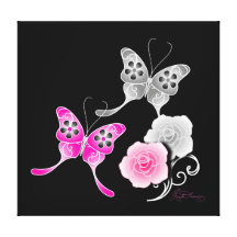 Elegant Pink And Black Butterflies And Roses Canvas Print