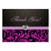 Elegant Pink and Black Damask with Diamond Heart Cards