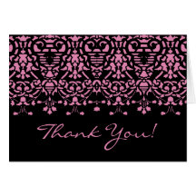 Elegant Pink & Black Damask Thank You Note Card