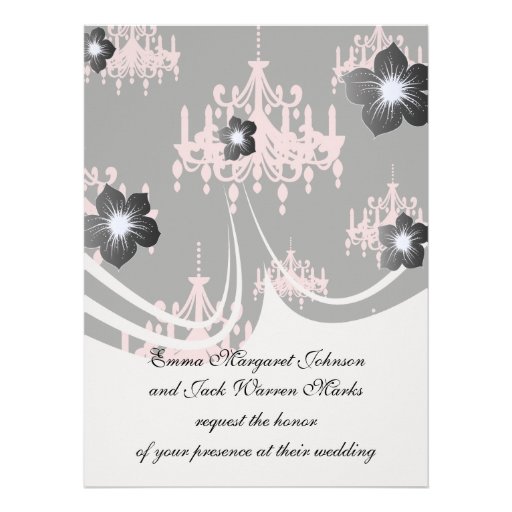 elegant pink chandelier damask on black invitations