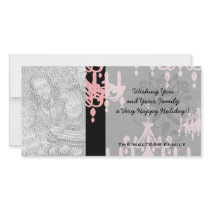 elegant pink chandelier damask on black photo card