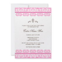 Elegant pink damask baptism/christening invitation