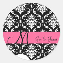 Elegant Pink Damask Monogram Names Wedding Label Round Stickers