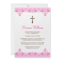 Elegant pink lace damask first communion invite