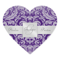 Elegant Purple Damask Heart Wedding Sticker