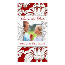 Elegant Red Damask Save the DateYour Photo Personalized Photo Card