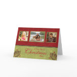 Elegant red green custom 3 photo christmas card