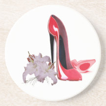 Elegant Red Stiletto Shoes and Lilies Coaster