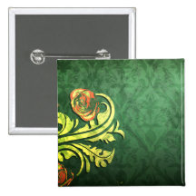 elegant roses on green damask design pinback button