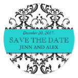 Elegant Save the Date Damask Stickers Aqua Blue