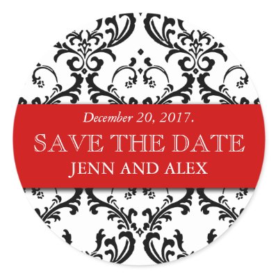 Elegant Save the Date Damask Stickers Red by WeddingCentre
