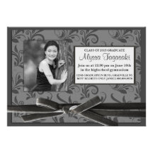 Elegant Silver Damask Velvet Ribbon Photo Grad Invitations