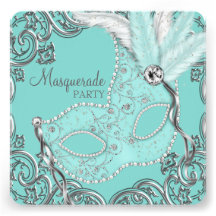 Elegant Silver Teal Blue Masquerade Party Personalized Announcement