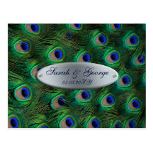 elegant silver turquoise peacock wedding RSVP Post Cards