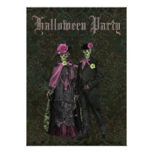 Elegant Skeletons Shabby Chic Damask Halloween Invitations