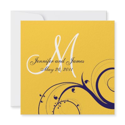 Elegant Swirl Yellow Navy Wedding Invitations by monogramgallery