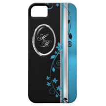 Elegant Teal & Black Floral Monogram iPhone 5 Case