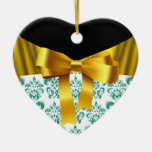 ELEGANT TEAL WHITE DAMASK GOLD RIBBON MONOGRAM CHRISTMAS ORNAMENT