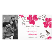 Elegant tropical flowers and bird save the date photo card template